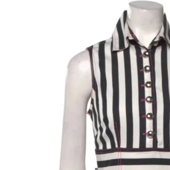 MOSCHINO JEANS BLACK WHITE STRIPED PINK STITCH BUTTON VINTAGE 1990S DRESS USA 8 - Picture 11 of 16